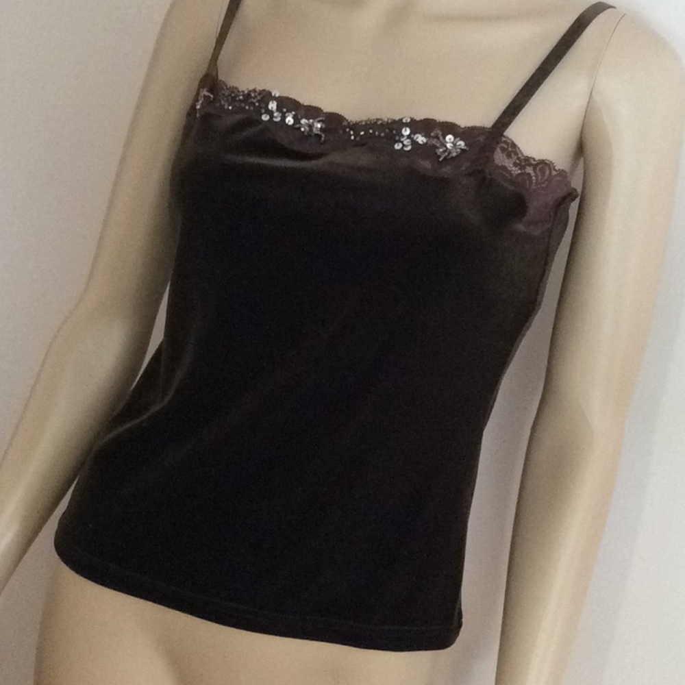 Elegant Brown Stretch Velvet Cami With Embellished Edging